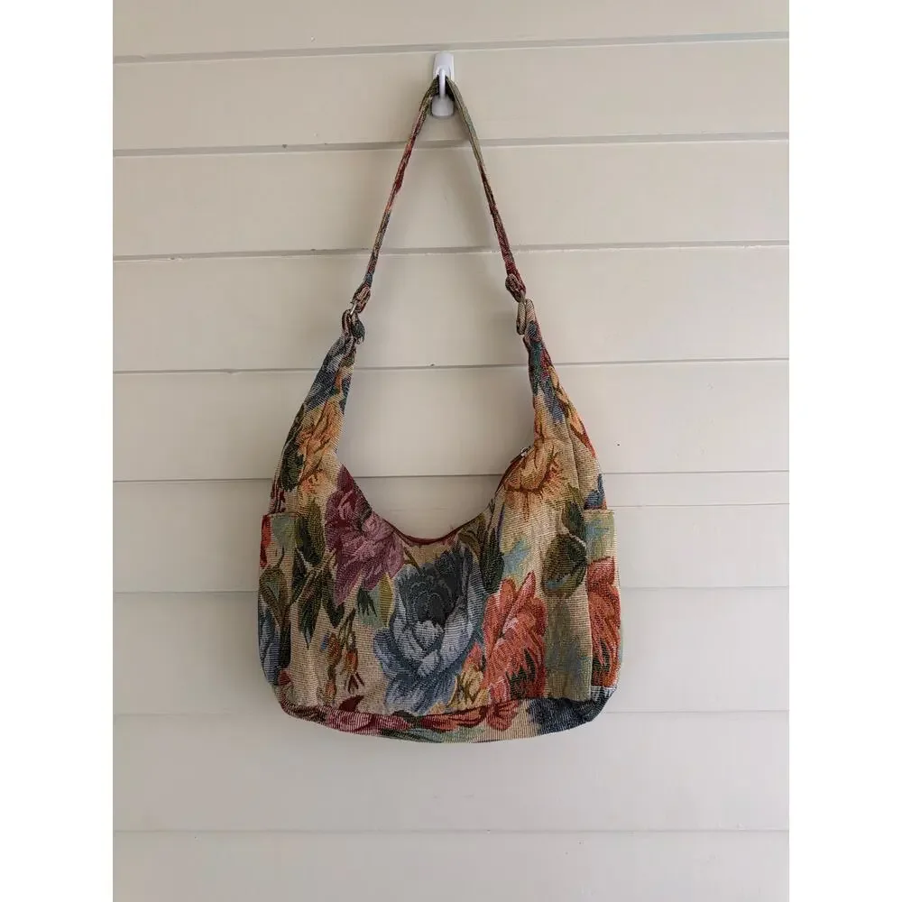 Vintage Floral Tapestry Hobo Shoulder Bag Crescent Purse Cottagecore Grandmacore